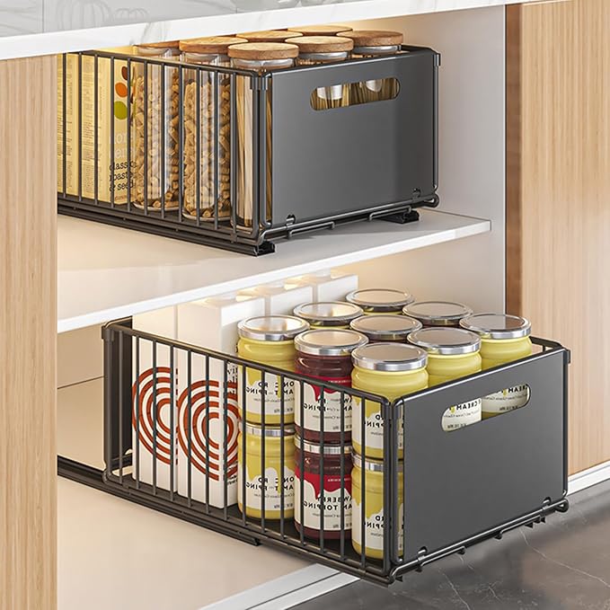 2Pcs Pull Out Cabinet Organizer, Pull out drawers for cabinets with EVA Adhesive Tape, Heavy Duty Sliding Kitchen Organizers and Storage, Suitable for Pantry, Bathroom, Bedroom BlackL