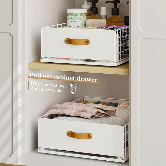 Pull Out Cabinet Organizer, No-Drill Pantry Drawers, Slide Out Shelves with Bamboo Risers for Lipped Cabinets,Ideal for Kitchen, Bathroom & Under Sink Storage (White, 15.8" Wide-21 Deep)
