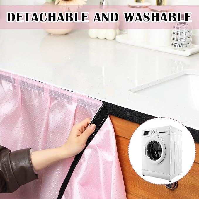 Fabric Sink Skirt Diamond Bathroom Stitch Self Stick Adhesive Waterproof Fabric Under Sink Curtain Skirt 55 x 32 Inch Adds Bathroom Storage(Pink,Fashion Style)