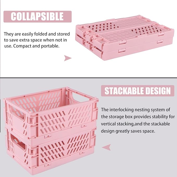 Tixill 2-Pack Mini Foldable Plastic Baskets for Organizing and Storage, Collapsible Storage Crate for Home Kitchen Bedroom Bathroom Office (9.8x6.5x3.8, Pink)