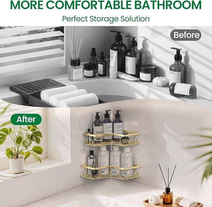 Adhesive Shower Caddy, 4 Pack Corner Bath Organizer, Rustproof Stainless Steel Shower Shelves with Large Capacity, No Drilling Shelves for Bathroom Storage, Home, Kitchen Décor(Gold)