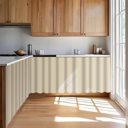 Under Sink Curtain for Closet, Privacy Short Cabinet Curtain Self Stick Adhesive Desk Skirt for Kitchen Classroom, Beige A, 47" W x 20" L