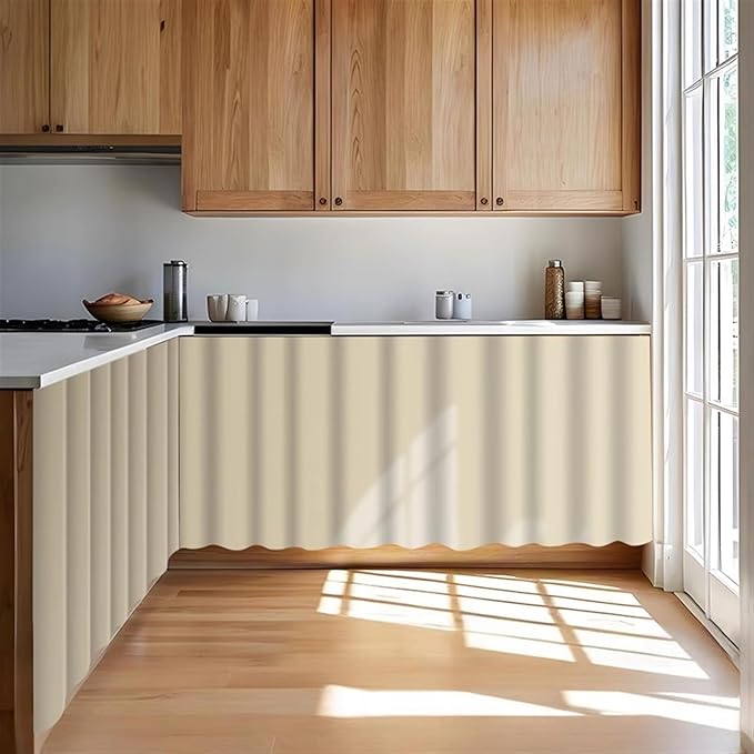 Under Sink Curtain for Closet, Privacy Short Cabinet Curtain Self Stick Adhesive Desk Skirt for Kitchen Classroom, Beige A, 47" W x 32" L