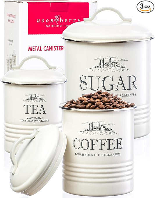 noonberry Kitchen Canisters for Countertop – 3-Piece Airtight Kitchen Canister Set – Sugar Coffee Tea Containers for Kitchen Counter – Cream-White Magnolia Finish