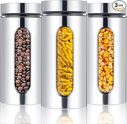 Mimorou 3 Pcs Stainless Steel Canister Set with Glass Windows Visible Storage Jars Silver Kitchen Canister Set for Pasta Flour Oat Sugar Container, Kitchen Tools, Housewarming Gifts(44 oz)