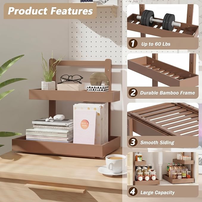 Bamboo Under Sink Storage 2 Tier Pull Out Cabinet Organizer Slide Out Under Sink Storage Shelf Undersink Organizers Shelves for Kitchen Bathroom Organization (Brown, 2 Packs)