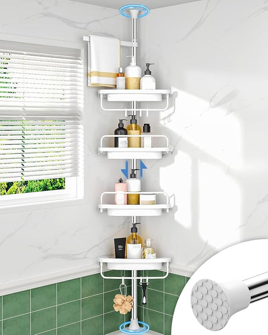 ALLZONE Corner Shower Caddy Tension Pole, Extendable Rustproof Stainless Steel Pole & 4-Tier Adjustable Shelves for Easy Drainage and Built-to-Last Stability, 34 to 116 Inches, White