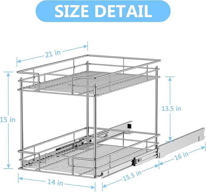 LOVMOR 2-Tier Pull Out Cabinet Organizer, 14" W x 21" D, Chrome Pull Out Drawer for Base Cabinet Silver