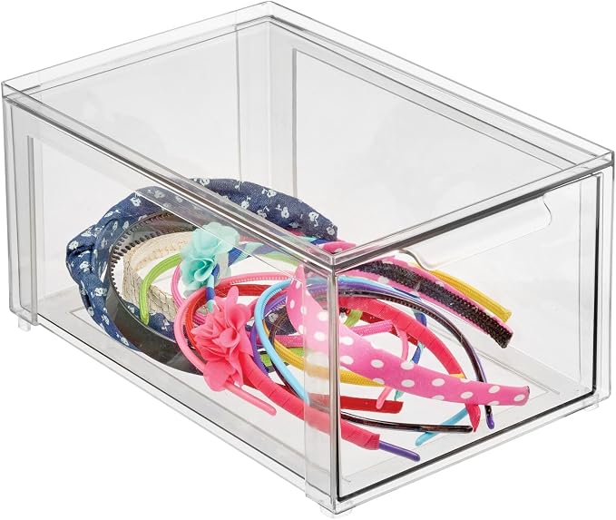 mDesign Plastic Stackable Bathroom Storage with Pull Out Bin Organizer Drawer for Cabinet, Vanity, Shelf, Cupboard, Cabinet, or Closet Organization - Lumiere Collection - 4 Pack - Clear