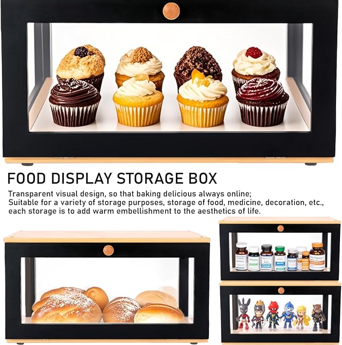 ETMI Bamboo Bread Box for Kitchen Countertop Pastry Display case kitchen Storage (black)