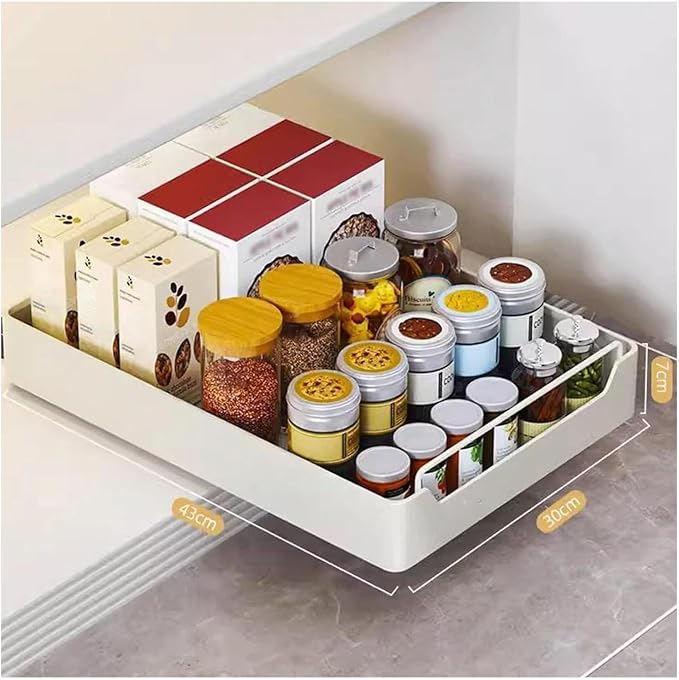 Pull Out Cabinet No Drill No Screw Sliding Storage Solution for Kitchen & Bathroom Cabinets White 43x40x7cm Space Saving Drawer，White 43 * 30 * 7cm