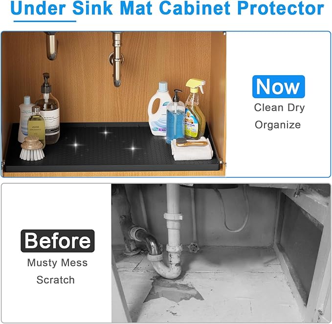 Under Sink Mat - 31" x 22" Waterproof Kitchen Cabinet Mat - Flexible Silicone Under Sink Liner - Kitchen Bathroom Cabinet Mat and Protector for Drips Leaks Spills (Black)