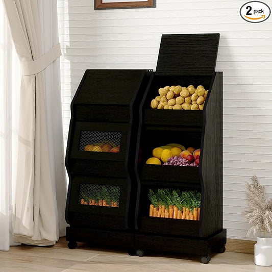 ARTETHYS Potato and Onion Storage Bin with Wheels Black Set of 2 Movable Bread Box with Lid Onion Organizer with Grocery Section Decorative Vegetable Organization Cabinet for Kitchen