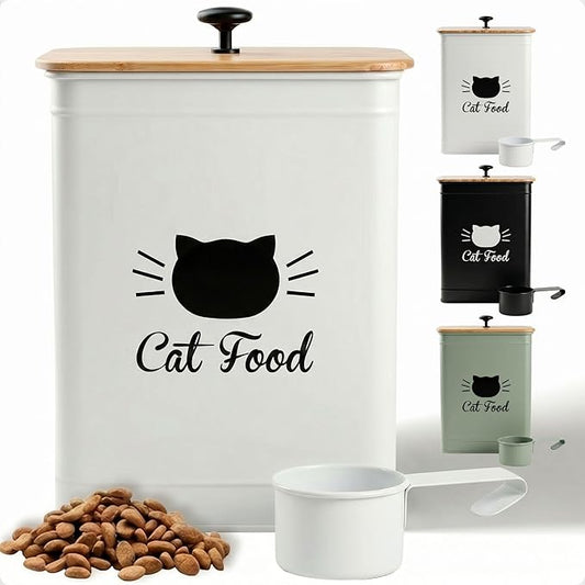 Cat Food Storage Container with Scoop - 5-7 lb (25 Cup) Capacity Metal Cat Food Container with Airtight Bamboo Lid and Metal Scoop - Airtight Pet Food Storage Containers 5 lb - 7 lb Kibble Container