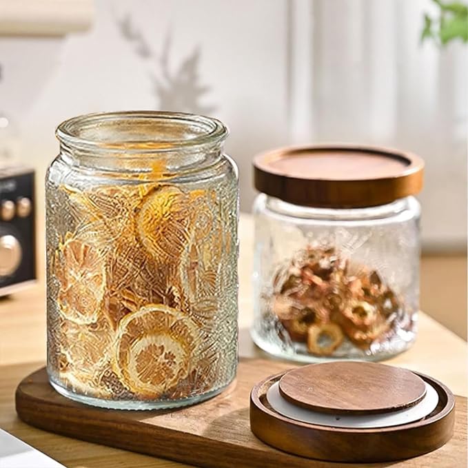 24 OZ Airtight Glass Storage Jar with Bamboo Lid - Vintage Glass Jar Vintage Food Containers Canisters Set for Kitchen Counter & Pantry - Ideal for Sugar, Flour, Coffee, Tea, Candy, Oats -4 Pack