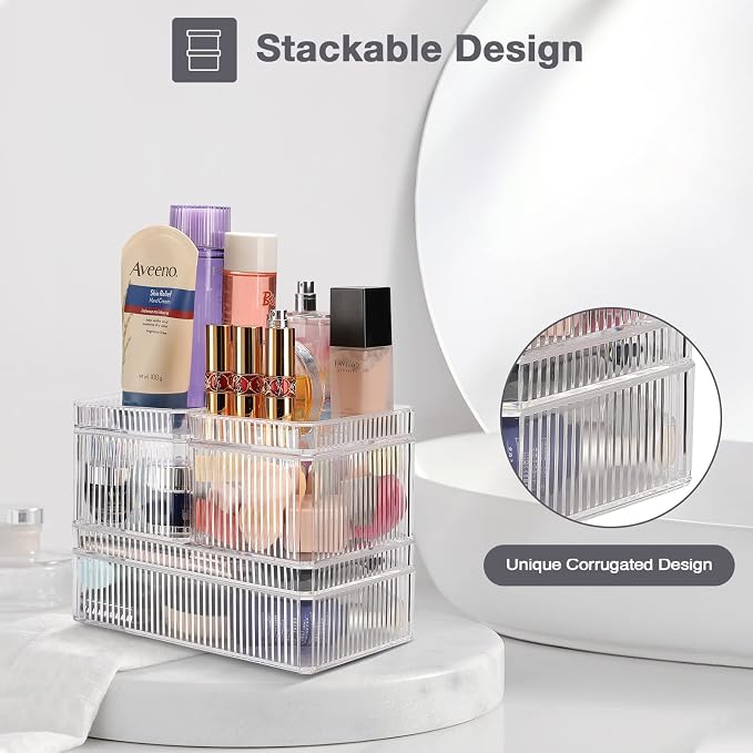 Lolalet Stackable Drawer Organizer for Makeup, Multi-size Clear Plastic Makeup Drawer Organizer Trays Bathroom Vanity Storage Bins and Office Desk Drawer Dividers -6 Pcs