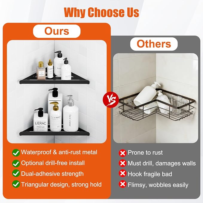Fikoksol Shower Caddy, 2 Pack Bathroom Corner Shelf, Triangle Shelf Storage for Bathroom Shower, Black Metal Shower Shelf & Rustproof Wall Mounted Adhesive Glue Organizer Accessories and Essentials