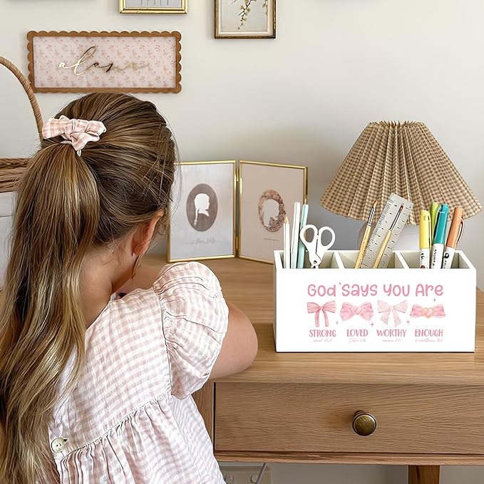 Coquette Pink Bow Christian Pen Holder, Christian Gifts for Women Pencil Holder for Desk, God Says You Are Bible Verse Wooden Box Sign Decorations for Girly Room Bedroom Dorm Desk Tabletop