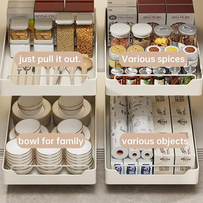 20cm Wide Pull-Out Cabinet Organizer Drawer – Stainless Steel Slide-Out Storage Box, Ultra Adhesive, Drill-Free Install, Extendable Shelf for Kitchen, Pantry or Bathroom, Noiseless