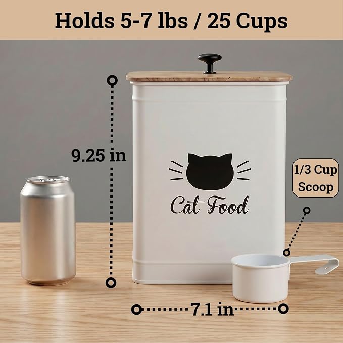 Cat Food Storage Container with Scoop - 5-7 lb (25 Cup) Capacity Metal Cat Food Container with Airtight Bamboo Lid and Metal Scoop - Airtight Pet Food Storage Containers 5 lb - 7 lb Kibble Container