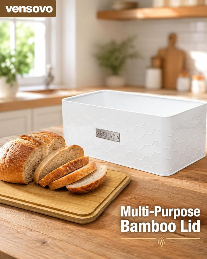 vensovo Bread Box for Countertop – Large White Metal Bread Bin with Bamboo Cutting Board Lid, Farmhouse Bread Storage Container for Homemade Bread, Baked Goods & Kitchen Counter Organization