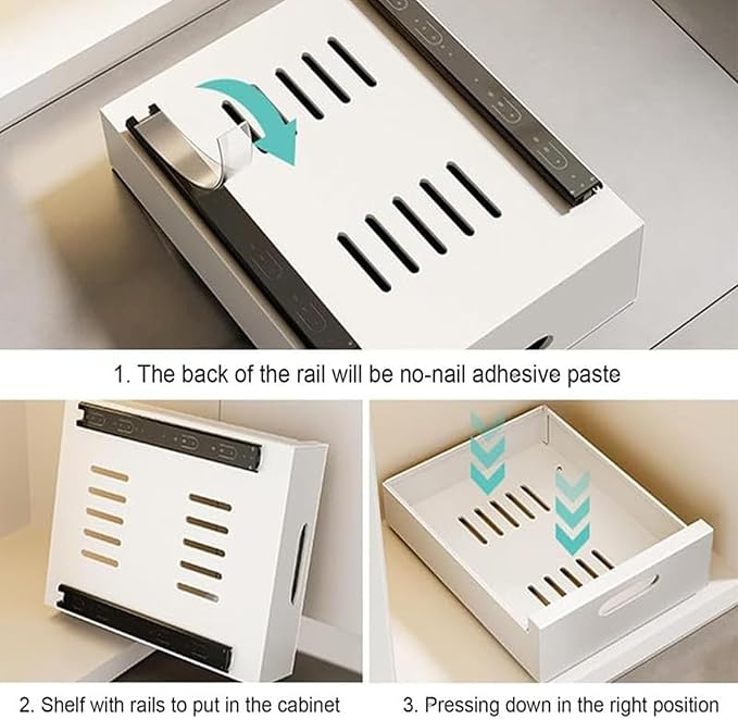 2PCS - Pull Out Cabinet Organiser, Drill-Free Slide Out Drawer Storage Shelves, Heavy Duty Sliding Drawer Organizer for Kitchen Cupboard for Kitchen Cupboard Bathroom(White,25cm)