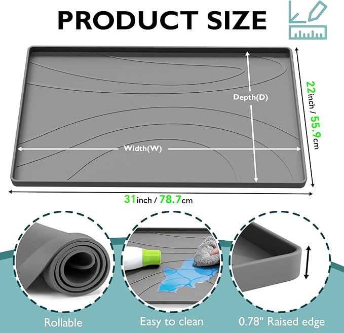 Under Sink Mat 31" x 22", Silicone Under Sink Liner for Kitchen and Bathroom, Waterproof Cabinet Protector Drip Tray, Protects Cabinets from Leaks and Spills