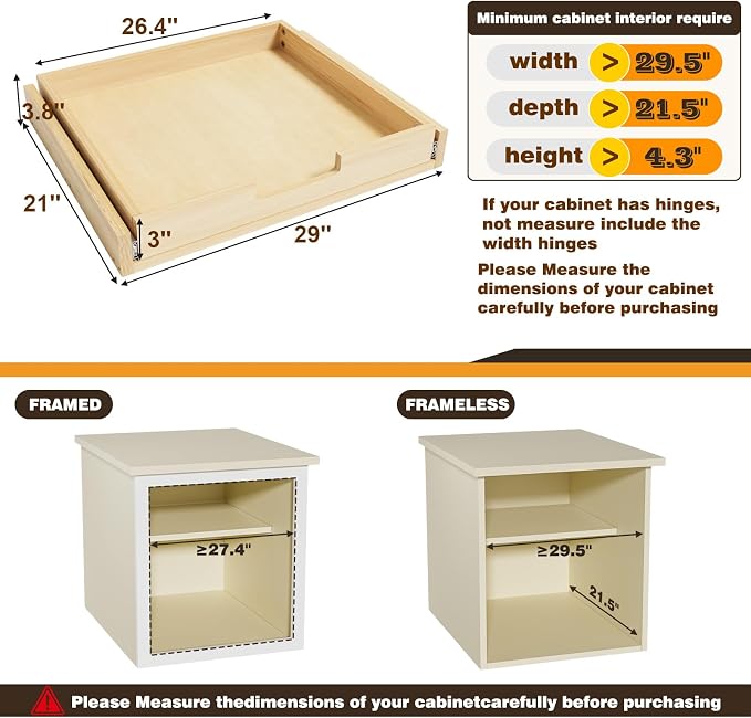 Pull Out Cabinet Organizer, 29''W×21''D Sliding Drawers for Cabinets, Soft Close Slide Out Wooden Pull out Drawers, Base Cabinet Organization for Kitchen, Pantry, Bathroom