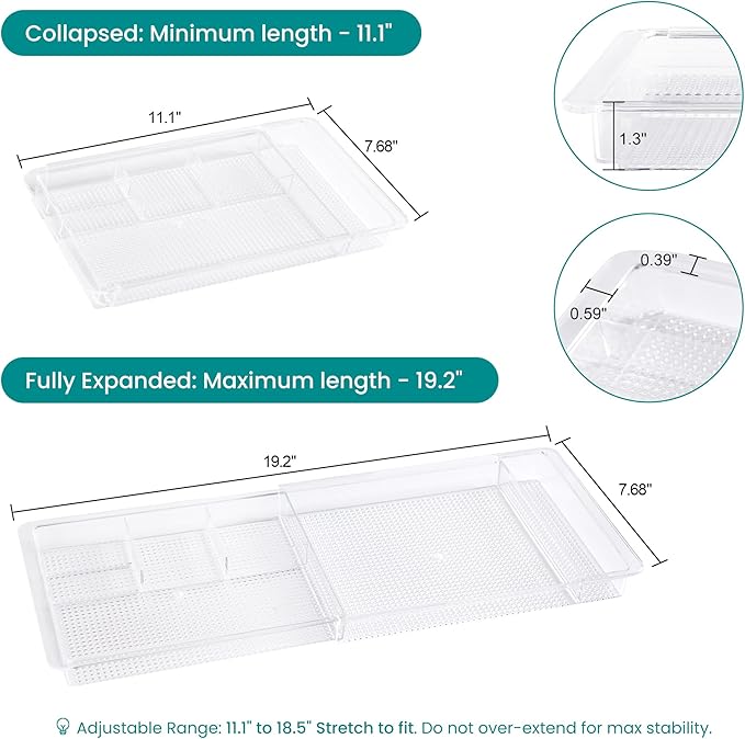 Oubonun Expandable Drawer Organizer 11.1” to 19.2” Width, Shallow Cosmetic Organizer 1.3” Height, 4 Packs, Clear Plastic Storage Trays for Dressing Table,Bathroom