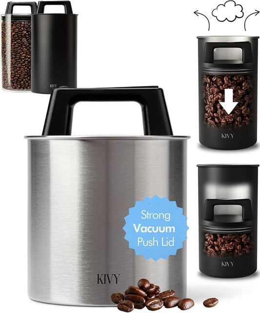 KIVY Vacuum Coffee Canister - Push Lid Preserves Coffee Aroma & Oil - Stainless Steel Airtight Coffee Canister - Coffee Container for Ground Coffee & Coffee Bean Storage - Removes Excess Air