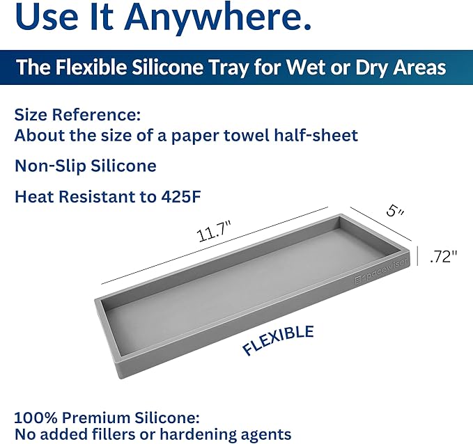 Spacewiser Countertop and Vanity Tray - 11.7" Silicone Bathroom Counter Tray, Dish Soap Trays for Kitchen Counter, Sink Organizer Caddy Accessories, Drawer Toilet Plant Shower Makeup Mat Oil Holder