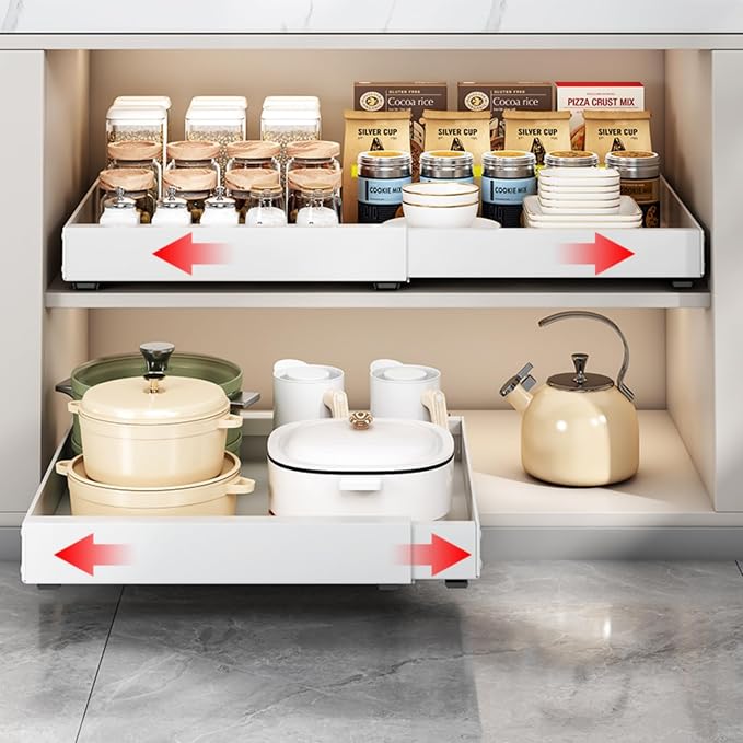2PCS Expandable Pull Out Cabinet Organizer pots and pans organizer under cabinet Upgrade 3 Slide Rails Slide Out Drawers Roll Out Shelves Adhesive (white, (2pcs) 20.5“D*12.6"~19.7" W*2.76H)