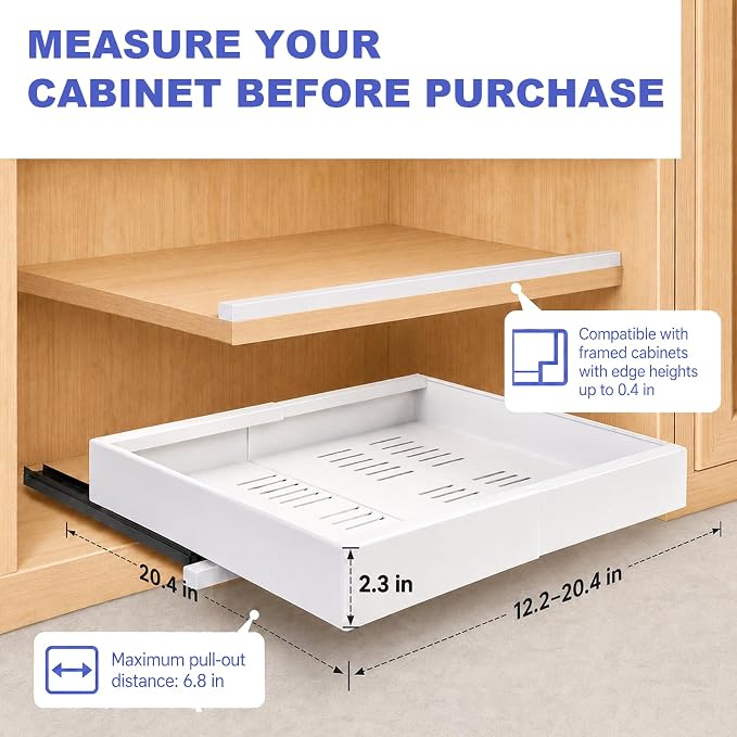 Expandable Pull Out Cabinet Organizer, No-Drill Pull Out Drawers, Roll-Out Shelf with Adhesive Pad & 3 Slide Rails for Framed Cabinets, Kitchen Pantry, 21" Deep, 12.2"-20.4", White, 2 Pack