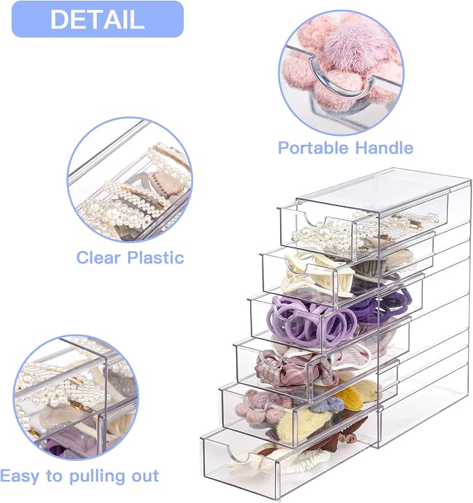FABROK Clear Hair Accessory Organizer Box with 6 Drawers | Compact Storage Organization, For Cosmetics, Glasses, Stationery, Stackable Storage Containers, For Bathroom, Closet, Office