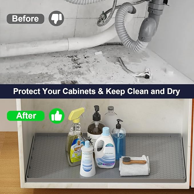 Under Sink Mat - 25" x 19" Waterproof Kitchen Cabinet Mat - Flexible Silicone Under Sink Liner - Kitchen Bathroom Cabinet Mat and Protector for Drips Leaks Spills (Gray)