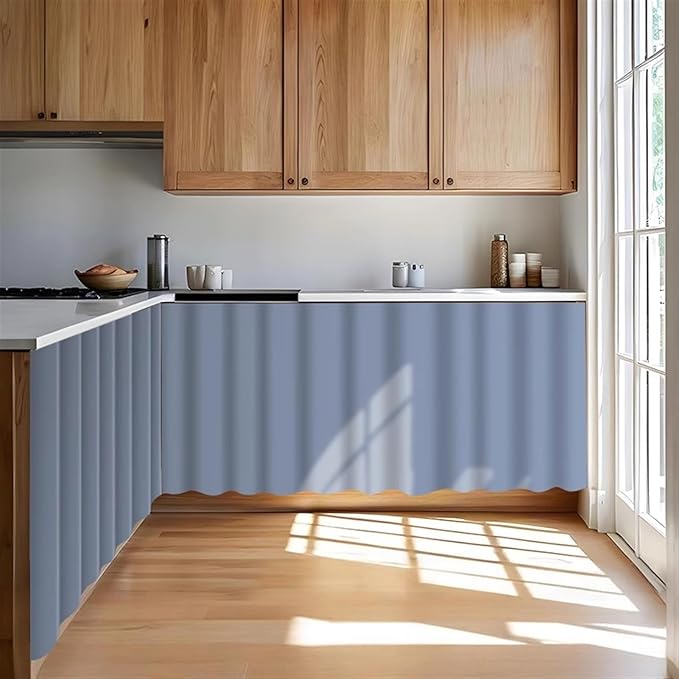 Under Sink Curtain for Closet, Privacy Short Cabinet Curtain Self Stick Adhesive Desk Skirt for Kitchen Classroom, Blue, 55" W x 28" L
