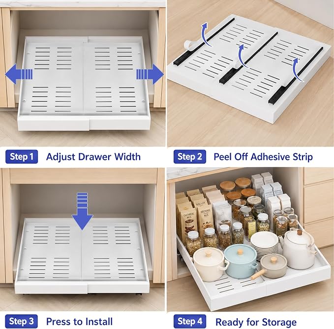 Expandable Pull Out Cabinet Organizer, No-Drill Pull Out Drawers, Roll-Out Shelf with Adhesive Pad & 3 Slide Rails for Framed Cabinets, Kitchen Pantry, 21" Deep, 12.2"-20.4", White, 4 Pack