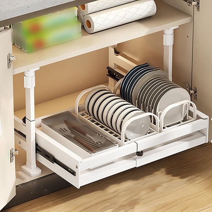 Pull Out Kitchen Cabinet s Sliding Drawers for Cupboard No Drill No Nail Slide Out Storage Solution Black Size S Maximize Kitchen Space Efficiently，White Single Layer_26*42 * 27