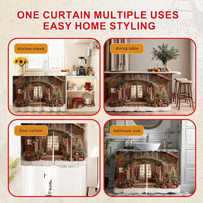 Self Adhesive Cabinet Curtain for Mother's Day, 39x28 Inch Rustic Wood Cabin Under Sink Skirt No Drill, Spring Cleaning Kitchen Decor, Hook and Loop Laundry Shelf Valance, Fabric Panel