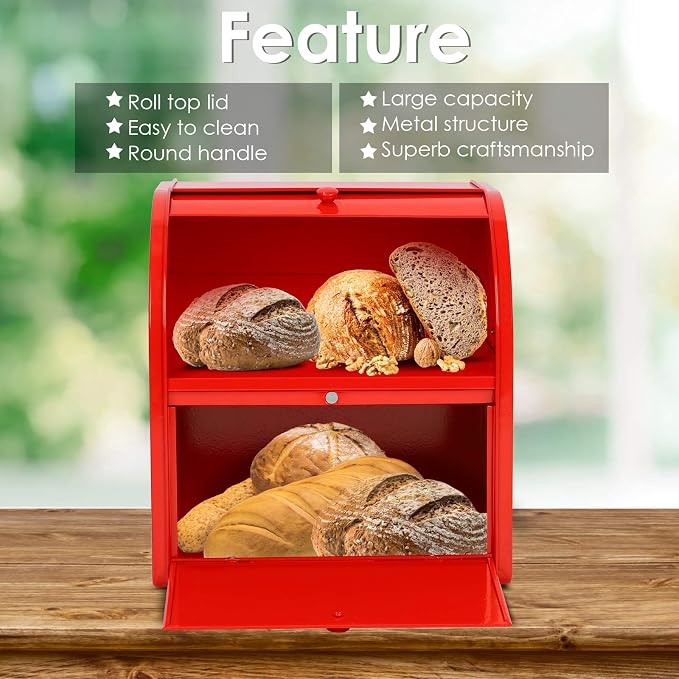 Widousy 2 Layer Metal Bread Boxes, Bread Box Storage Bin Kitchen Container with Roll Top Lid Iron Countertop Containers Metal Food Storage Bread Keeper Large Capacity Home Kitchen Counter（Red）