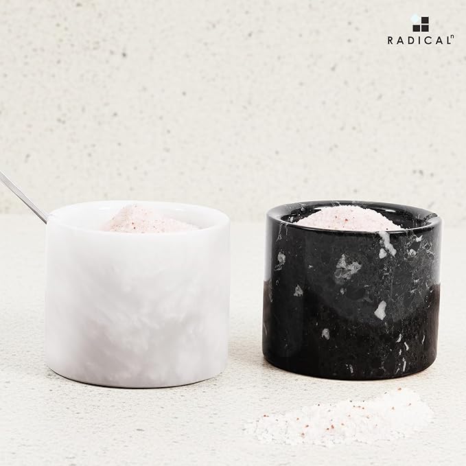 Radicaln Marble Salt Cellar with Lid and Tray 3" Inch Black & White Handmade Salt Dish For Kitchen Countertop, Ideal Set of 2 Seasoning Jars & Table Salt Container For Table