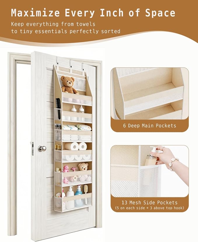 KMSCO Over The Door Organizer, 6 Large Pockets + 13 Mesh Side Pockets, Hanging Storage, 55lbs Capacity, Heavy Duty Non-Woven Fabric for Baby Nursery, Bathroom, Pantry, Closet, Beige, 2 Pack