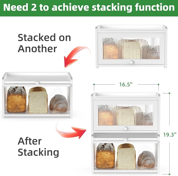 BAMBANG Bamboo Bread Box for Kitchen Countertop, Extra Large Farmhouse Bread Box with 4-Side Clear Panels, Wooden Bread Storage Container for Homemade Bread, White