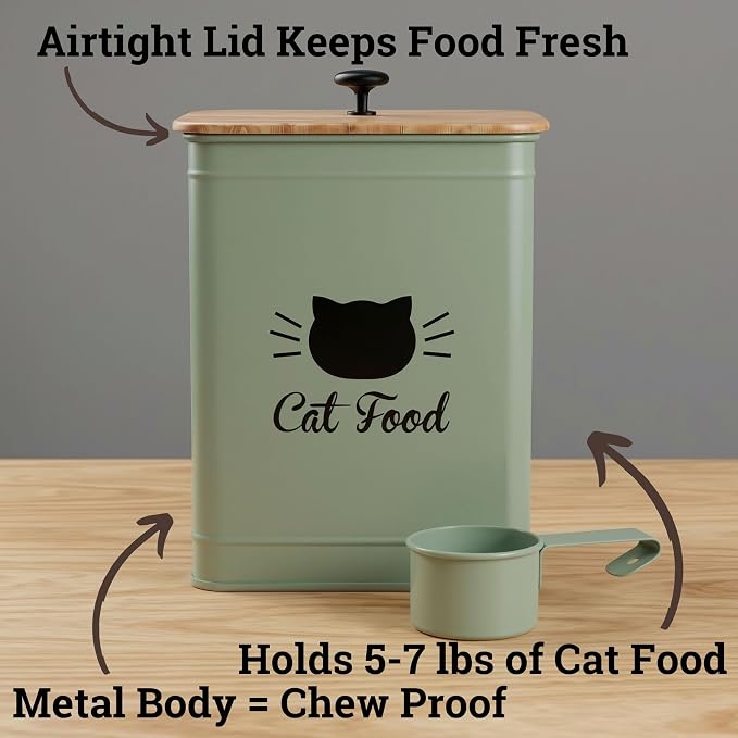 Cat Food Storage Container with Scoop - 5-7lb (25 Cup) Capacity Metal Cat Kibble Canister with Airtight Bamboo Lid and Metal Scoop - Airtight Pet Food Storage Containers 5 lb - 7 lb Kibble Container