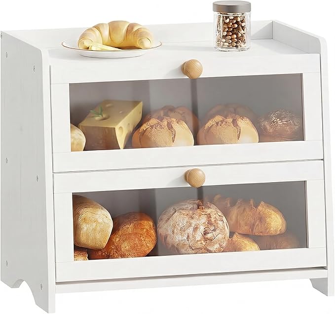 BAMBANG Bread Box for Kitchen Countertop, Extra Large Bamboo Bread Storage Container for Homemade Bread, Double Layer Sourdough Breadox, Bread Bin Organizer for Counter Cabinet Pantry, White