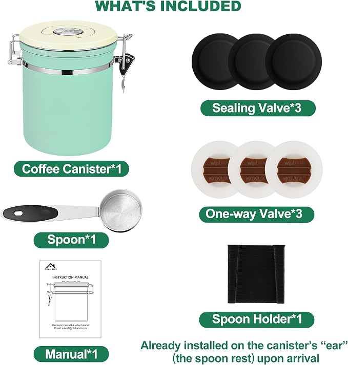 ShanSon Coffee Canister Airtight, Stainless Steel Bean Storage Container with Date Tracker & Scoop, Grounds Sugar Flour Tea Cereal Fits Kitchen Pantry, Ideal Gift for Coffee Lovers,22oz,Green