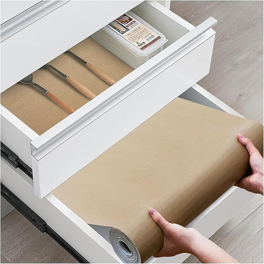 Drawer and Shelf Liner, Non-Slip Kitchen Cabinet Liners Non-Adhesive Thick Strong Grip Waterproof Washable Mats Protect Dresser Shelves Cupboard Bathroom Cabinets, Beige, 18 in X 30 FT