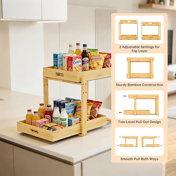 Under Sink Organizer and Storage - 2-Tier Bamboo Kitchen Cabinet Shelf with Adjustable Levels, Undersink Organization Slide Out for Bathroom Cabinet Pantry(Natural, 2 Packs)