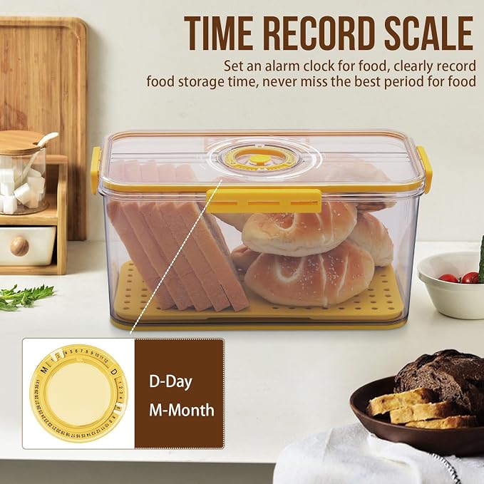 Gifhomfix Bread Box Bread Boxes for Kitchen Counter Airtight, Time Recording Bread Storage Container with Lid, Bread Keeper for Homemade Bread, Toast, Bagel, Donut and Cookies, LARGE Yellow