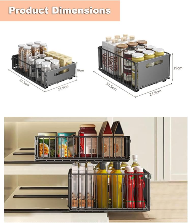 Pull Out Drawers for Cabinets Under Kitchen Sink Storage Organizer No Drill Adjustable Baskets for Cupboard Bathroom(Black-10 cm)